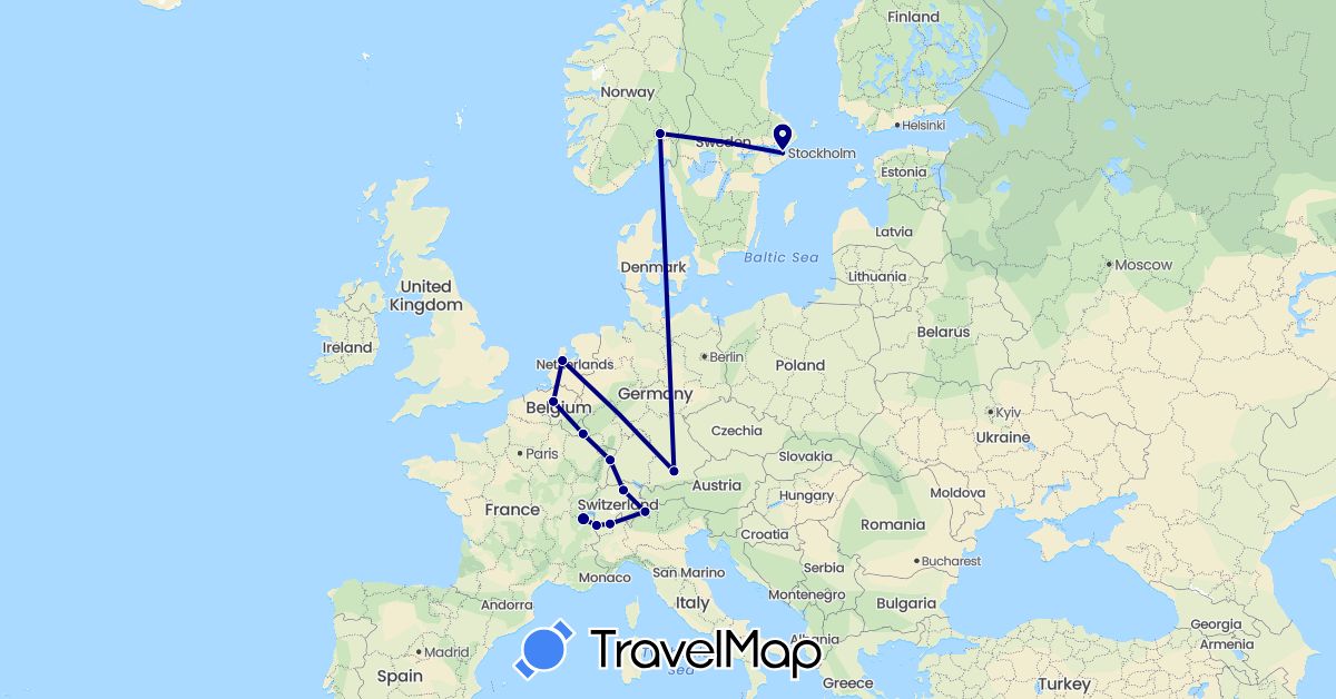 TravelMap itinerary: driving in Belgium, Switzerland, Germany, France, Luxembourg, Netherlands, Norway, Sweden (Europe)